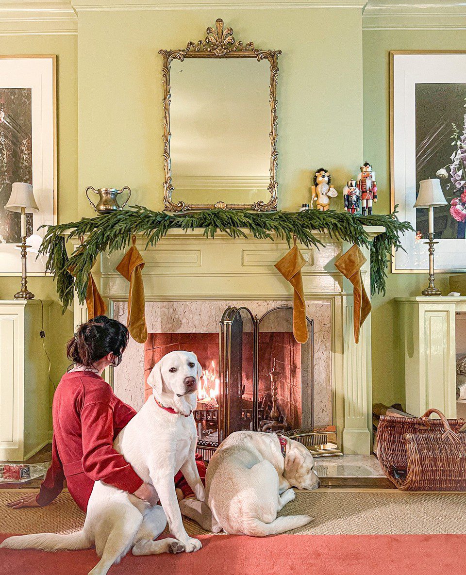 Holiday Planning Tasks to Do Right Now

A woman sits in front of a roaring fire in a green-painted living room with two dogs. The mantel is decorated with garland and velvet stockings.