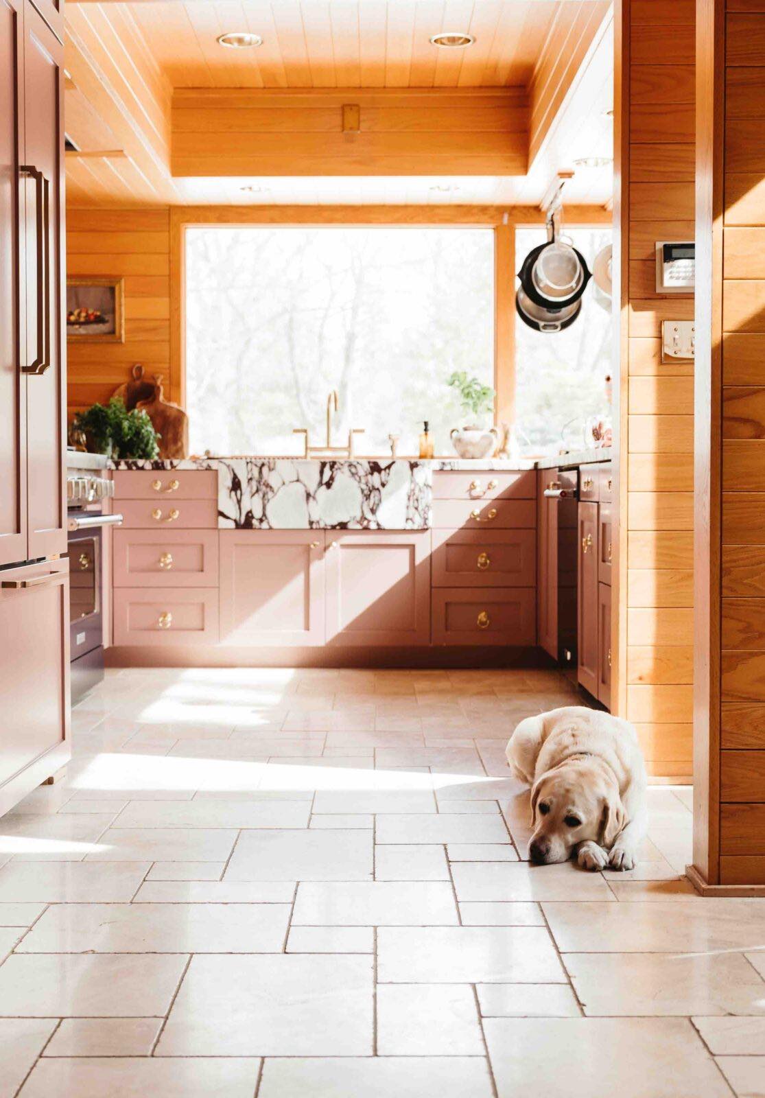 Kitchen with sun streaming in through the windows and a dog lying on the floor. The cabinets are muted pink, the flooring and countertops are marble, and the walls are covered with wood paneling.