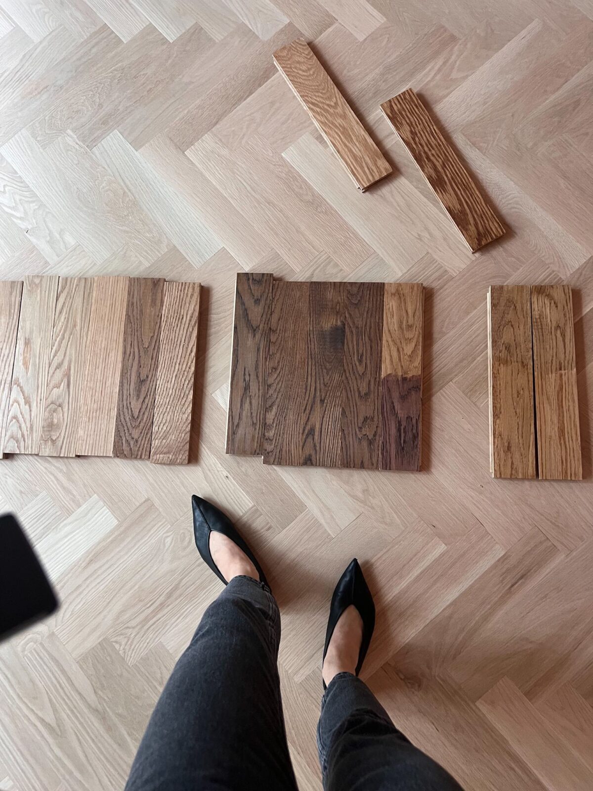 An overhead shot of wood flooring stain samples
