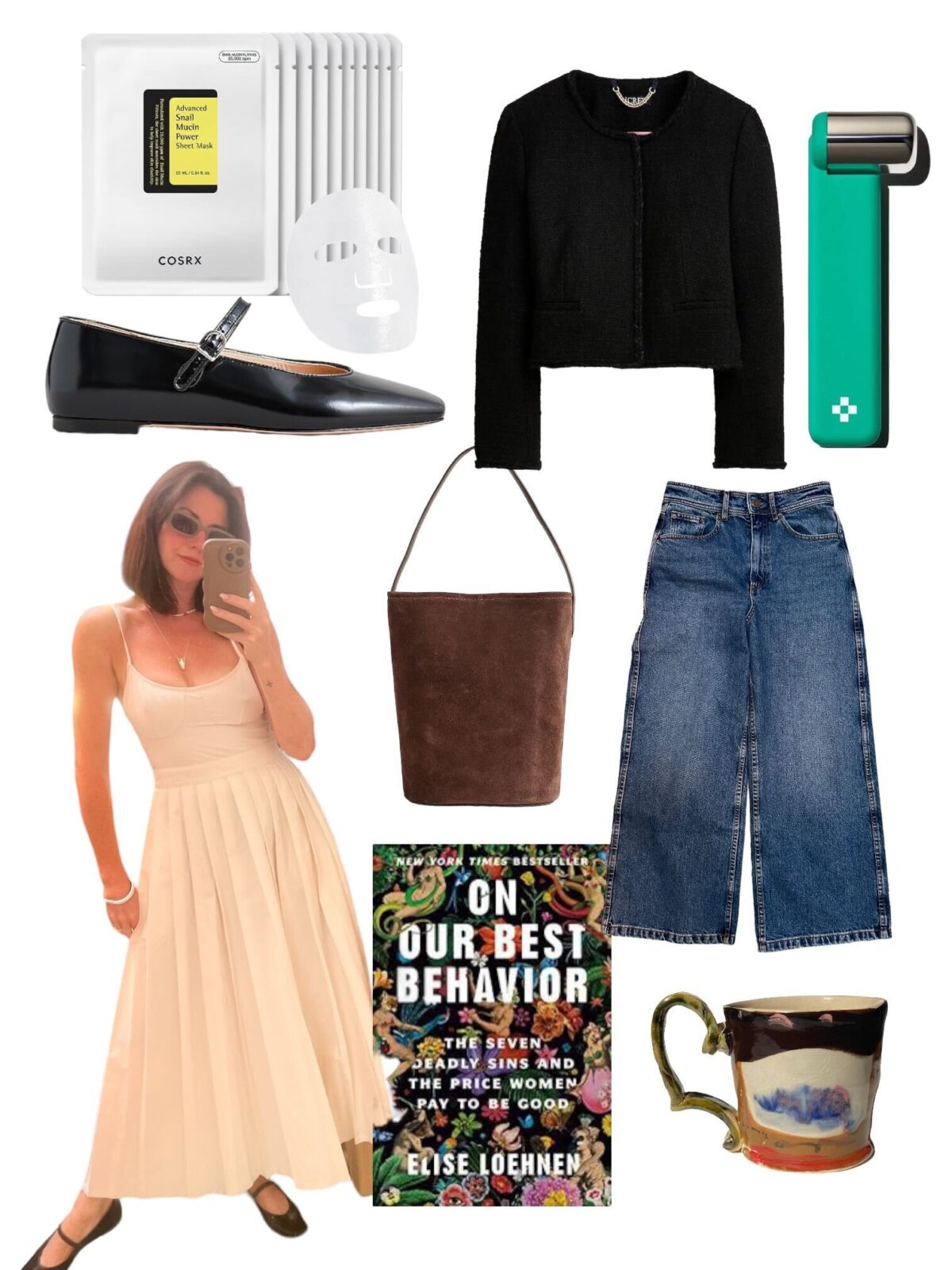 Collage featuring favorite items from summer 2023, including sheet masks, black flats, a black jacket, a white midi dress, a brown bucket bag, wide-leg jeans, an ice roller, a book, and a handmade ceramic mug