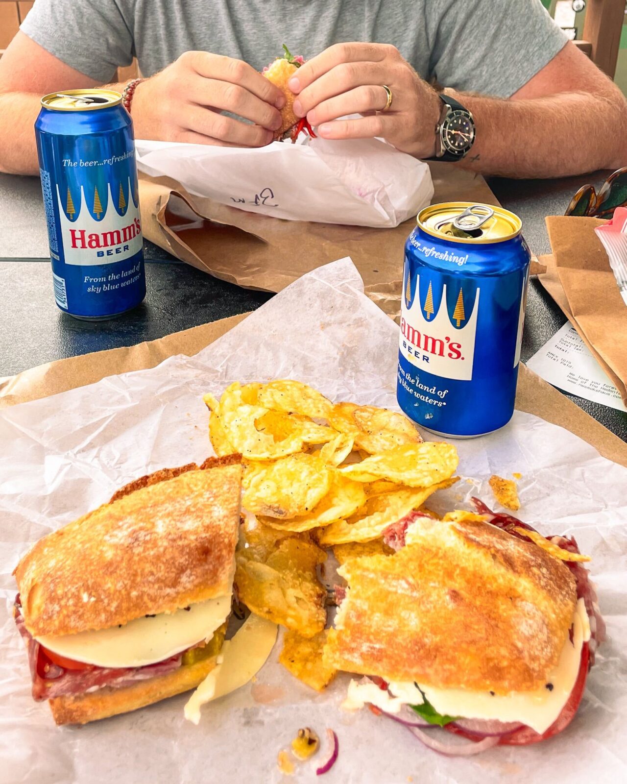 A sandwich, chips, and Hamm's beer at Northern Waters Smokehaus in Duluth, MN